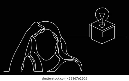 vector illustration of one line drawing of person thinking about new ideas creativity finding solutions as life problems and economy recession concept black background