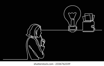 vector illustration of one line drawing of person thinking about new ideas creativity finding solutions as life problems and economy recession concept black background