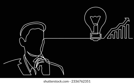 ilustración vectorial de un dibujo de la persona pensando en nuevas ideas creatividad encontrar soluciones como problemas de vida y concepto de recesión económica fondo negro