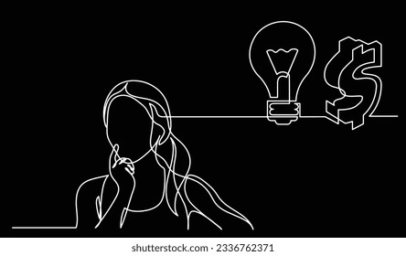 ilustración vectorial de un dibujo de la persona pensando en nuevas ideas creatividad encontrar soluciones como problemas de vida y concepto de recesión económica fondo negro