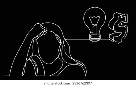 vector illustration of one line drawing of person thinking about new ideas creativity finding solutions as life problems and economy recession concept black background