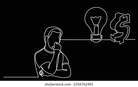 vector illustration of one line drawing of person thinking about new ideas creativity finding solutions as life problems and economy recession concept black background