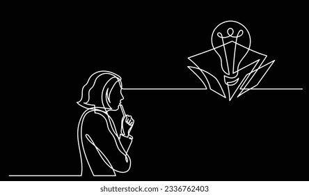 vector illustration of one line drawing of person thinking about new ideas creativity finding solutions as life problems and economy recession concept black background