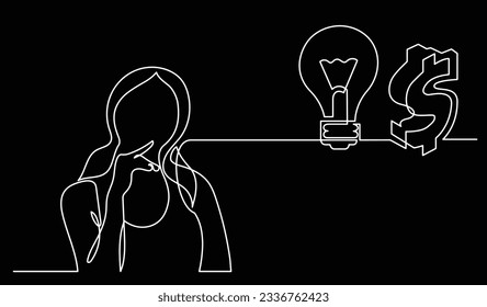 vector illustration of one line drawing of person thinking about new ideas creativity finding solutions as life problems and economy recession concept black background