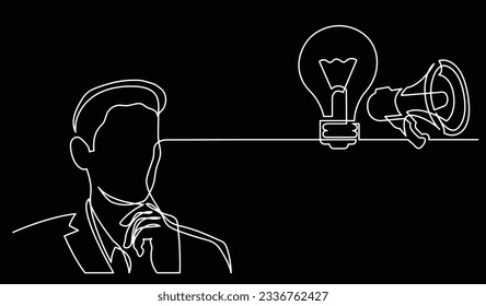 vector illustration of one line drawing of person thinking about new ideas creativity finding solutions as life problems and economy recession concept black background
