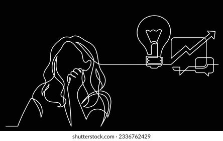 vector illustration of one line drawing of person thinking about new ideas creativity finding solutions as life problems and economy recession concept black background