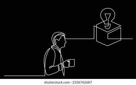 vector illustration of one line drawing of person thinking about new ideas creativity finding solutions as life problems and economy recession concept black background