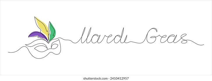 Vector illustration of a one line drawing of a carnival mask and Mardi Gras lettering