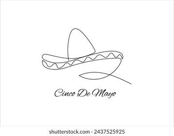 Vector illustration of a one line drawing of Mexican Sombrero and Cinco de Mayo text