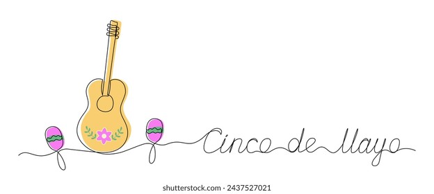 Vector illustration of a one line drawing of Mexican guitar, maracas and Cinco de Mayo handwritten text