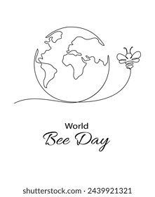 Vector illustration of a one line drawing of planet Earth and bee with World Bee Day text