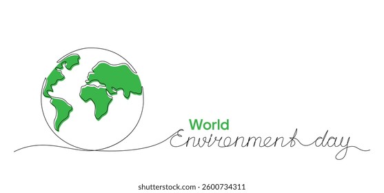 Vector illustration of one line drawing of planet Earth and World Environment Day handwritten text