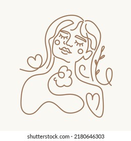 Vector illustration with one line hand drawn woman portrait with flowers and hearts. Beauty fashion female print design, girl linear logo or icon boho concept art