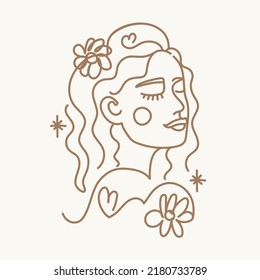 Vektorgrafik mit einem handgezeichneten Frauenporträt mit Blumen, Sternen und Herzen. Beauty-Mode-weibliches Printdesign, Girl-Linear-Logo oder Ikone-Boho Concept Art