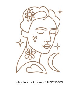Ilustración vectorial con una línea de retrato de mujer dibujada a mano con luna, estrellas, flores y corazones. Moda de belleza autocuidado diseño de impresión femenina, logotipo lineal de chica o arte de concepto de icono boho