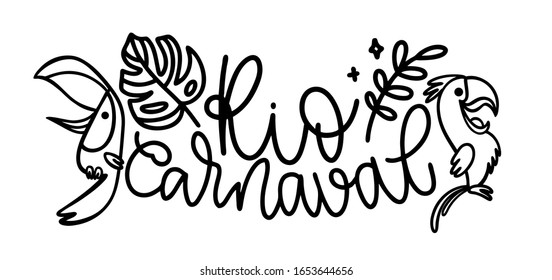 Vector illustration of one line lettering logo on a white isolated background. Headline or cover for magazines, travel agencies, web design. "Rio Carnaval" in Portuguese means Rio Carnival.