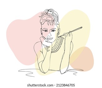 Vector illustration, one line portrait of Audrey Hepburn, a portrait of the modern woman smoking mouthpiece, isolated with colorful abstract stains on white