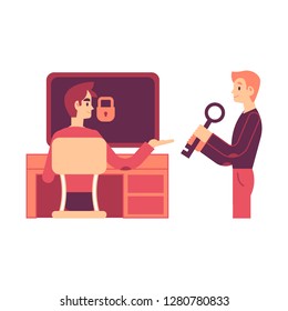 Vector illustration of one man giving to another key to access computer in flat style isolated on white background - cybersecurity and protection of personal data concept.