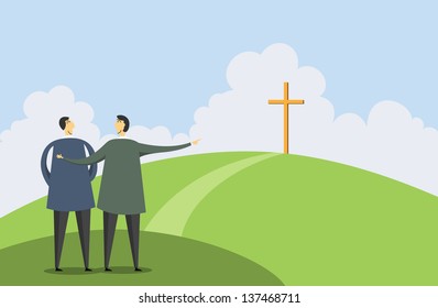 Vector illustration of one man pointing a cross to another man.