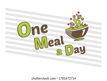 Vector illustration "One Meal a day" - Brown green OMAD text with gray lines and a bowl of healthy foods on a white background