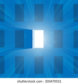 Vector illustration of one open door full of light.