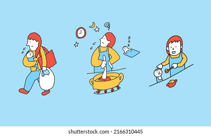 Vector Illustration Of One Operation Concept. Mother Is Busy With Childcare And Working Without Husband Helps.