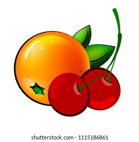 Vector illustration with one orange and several cherries on a white background. Assorted fruits.