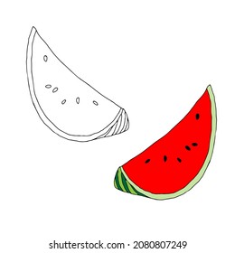 A Vector illustration of one outline slice and a red slice fresh watermelon with black seeds isolated on a white background for coloring book