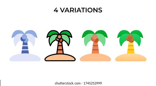 Vector illustration of one palm tree icon or logo with 4 variations flat, lineal, blue, gradient design style