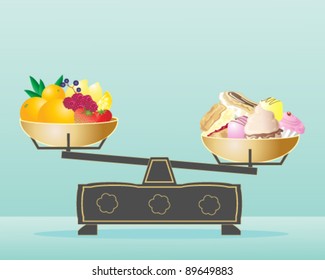 vector illustration with one pan of healthy fruit and the other full of confectionery in eps 10 format
