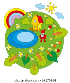 Vector illustration. One people on green planet.