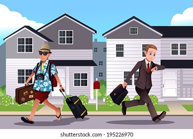 A vector illustration of one person going to work while the other one going on a vacation concept