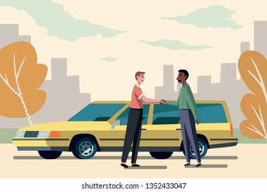 
Vector Illustration Of One Person Sell A Used Car To A Friend In The City