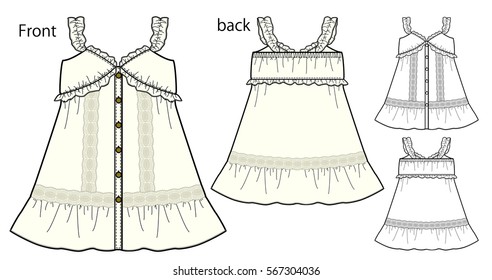 Vector illustration of One piece dress. Front and back views