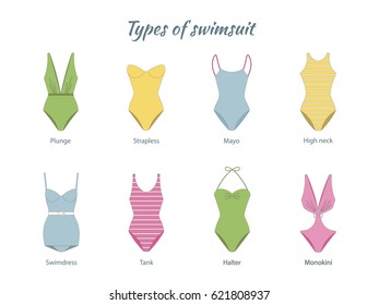 Vector Illustration of one piece swimsuits. Various types of women beach clothes. Modern and retro models