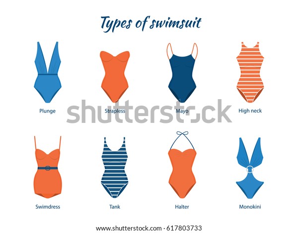 1枚の水着のベクターイラスト 色々なタイプの女性のビーチ服 モダンモデルとレトロモデル のベクター画像素材 ロイヤリティフリー