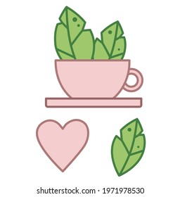 Vector illustration of one pink tea cup on a white background with green leaves.