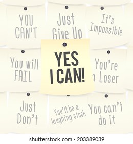Vector illustration of one positive sticky note against many negative sticky notes.