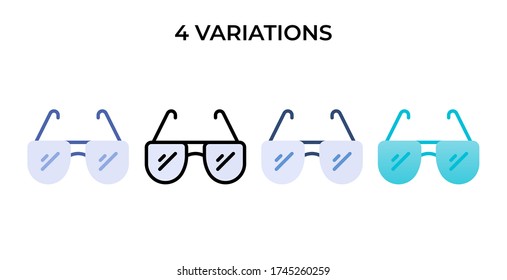 Vector illustration of one sunglass icon or logo with 4 variations flat, lineal, blue, gradient design style