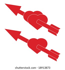 Vector illustration of one and two hearts hit by a cupid's arrow