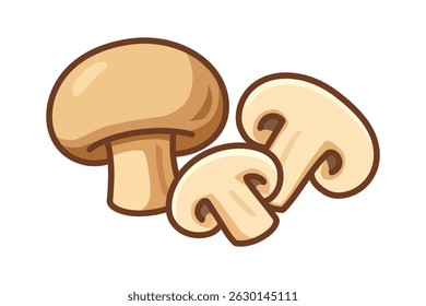 Vector illustration of one whole mushroom and two sliced mushrooms on white background for cooking or food design
