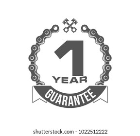 Vector illustration One Years Warranty icon background with ribbon and moto chain isolated on white. Poster, label, badge or brochure template. Banner with Logo 1 years guarantee Label obligations