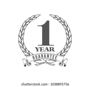 Vector illustration One Years Warranty icon background with ribbon and olive branch isolated on White. Poster, label, badge or brochure template. Banner with Logo 1 years guarantee Label obligations