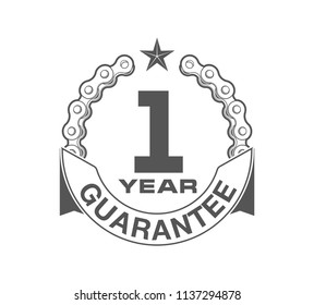 Vector illustration One Years Warranty icon background with ribbon and moto chain isolated on white. Poster, label, badge or brochure template. Banner with Logo 1 years guarantee Label obligations