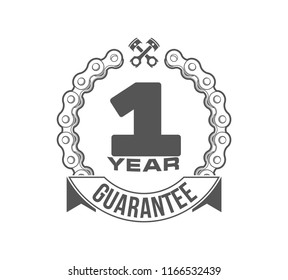 Vector illustration One Years Warranty icon background with ribbon and moto chain isolated on white. Poster, label, badge or brochure template. Banner with Logo 1 years guarantee Label obligations