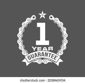 Vector illustration One Years Warranty icon background with ribbon and moto chain isolated on Black. Poster, label, badge or brochure template. Banner with Logo 1 years guarantee Label obligations