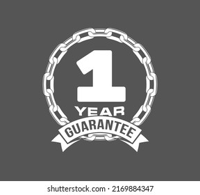 Vector illustration One Years Warranty icon background with ribbon and anchor chain isolated on Black. Poster, label, badge or brochure template. Banner with Logo 1 years guarantee Label obligations