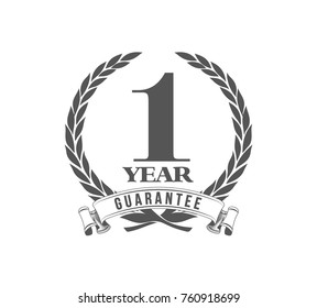 Vector illustration One Years Warranty icon background with ribbon and olive branch isolated on White. Poster, label, badge or brochure template. Banner with Logo 1 years guarantee Label obligations