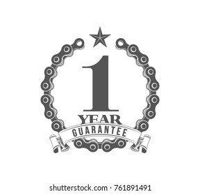 Vector illustration One Years Warranty icon background with ribbon and moto chain isolated on white. Poster, label, badge or brochure template. Banner with Logo 1 years guarantee Label obligations