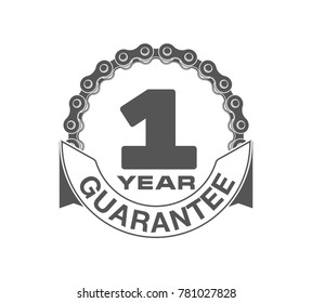 Vector illustration One Years Warranty icon background with ribbon and moto chain isolated on white. Poster, label, badge or brochure template. Banner with Logo 1 years guarantee Label obligations